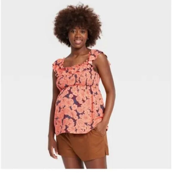 Ingrid & Isabel Pink Floral Ruffle Smocked Maternity Tank Top NWT XL - Picture 1 of 9